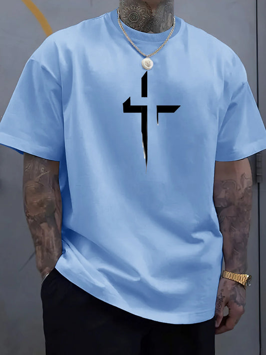 Men's Summer Casual Loose-Fit Plus Size T-Shirt – 100% Pure Cotton, Short Sleeve, Round Neck, with Creative Cross Print
