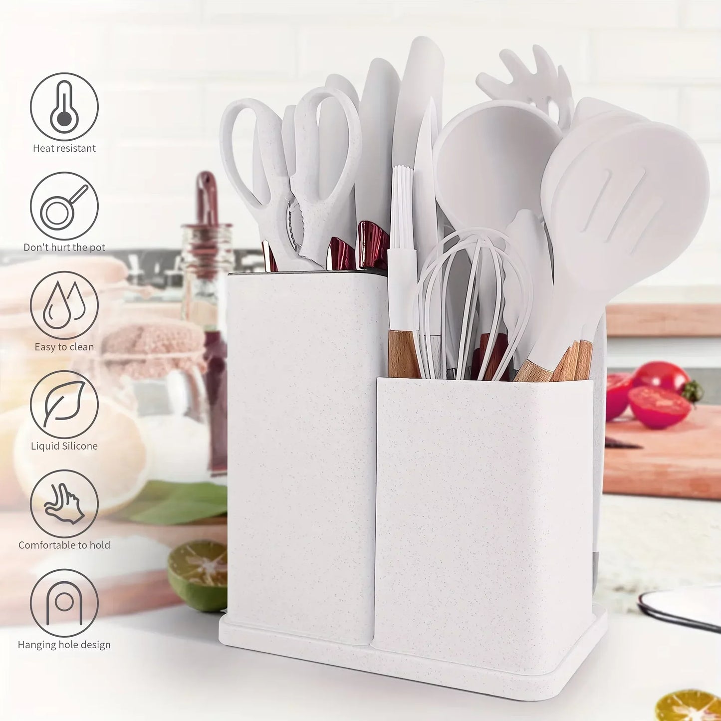 19-Piece Non-Stick Silicone Kitchen Utensil Set with Knives and Bamboo Storage – Heat-Resistant Tools Perfect for Cooking