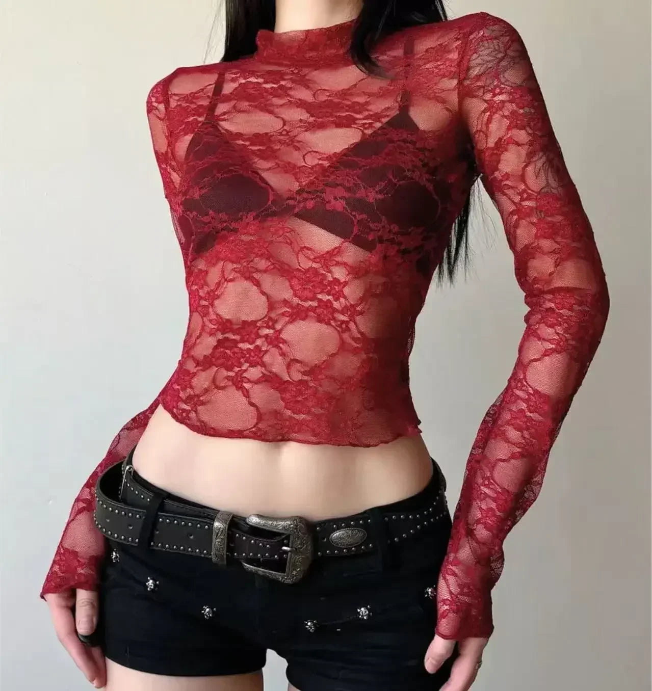 Women's Sheer Lace Top – Long Sleeve Rose Pattern, Slim Fit Fashion Blouse