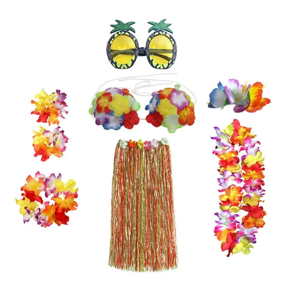 8-Piece Hawaiian Hula Costume Set – Grass Skirt, Flower Lei Necklace, Headband, Anklets & Bracelets for Parties and Dress-Up