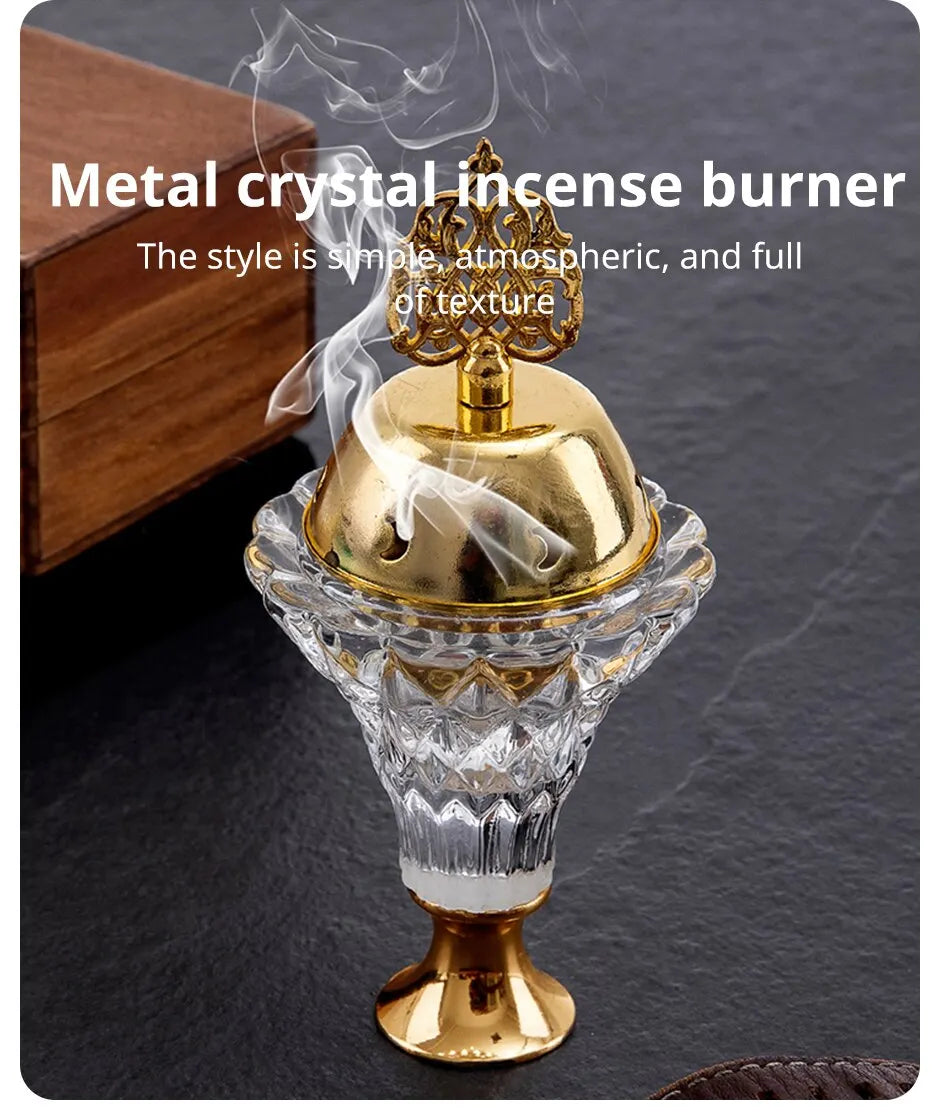 1Pc Artificial Crystal Incense Bakhoor Burner With Cover Aromatherapy Diffuser Metal Crafts Family Yoga Studio Home Decoration Ornaments