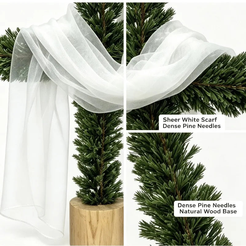 Artificial Pine-Style Greenery Cross with White Fabric Drape and Wood-Look Base for Christmas, Easter and Religious Tabletop Decor