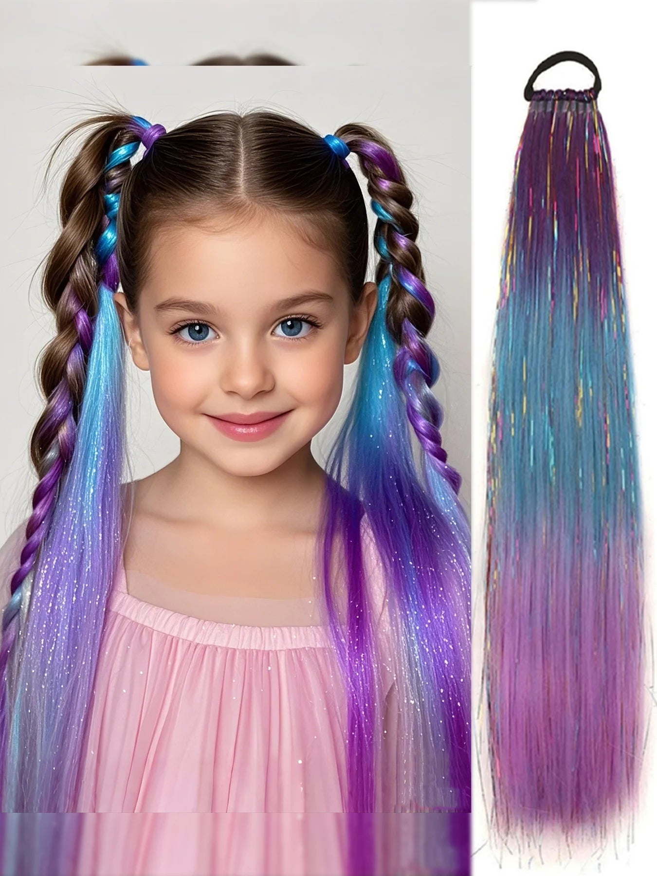 Glitter Tinsel Ponytail Hair Extension with Elastic Tie – Sparkly Braiding Hair Accessory for Kids & Girls