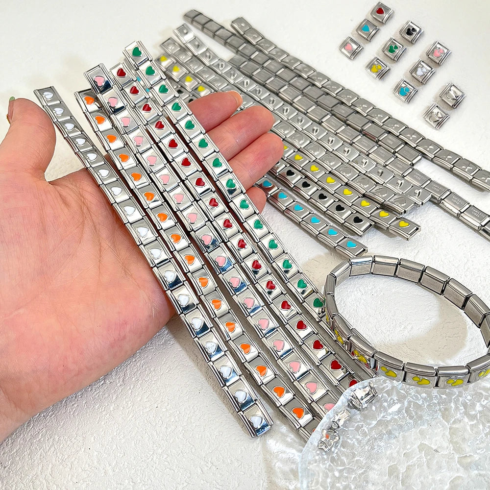 1pc DIY Bracelet Kit – 18 Stainless Steel & Enamel Charms (Love, Heart, Star, Butterfly), 9mm Links, Jewelry Making Wholesale
