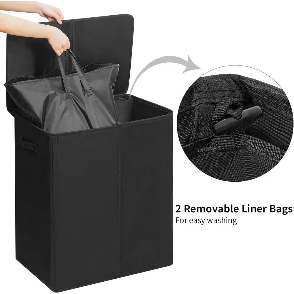 Double Laundry Hamper with Lid and 2 Removable Bags, Collapsible Divided Laundry Basket