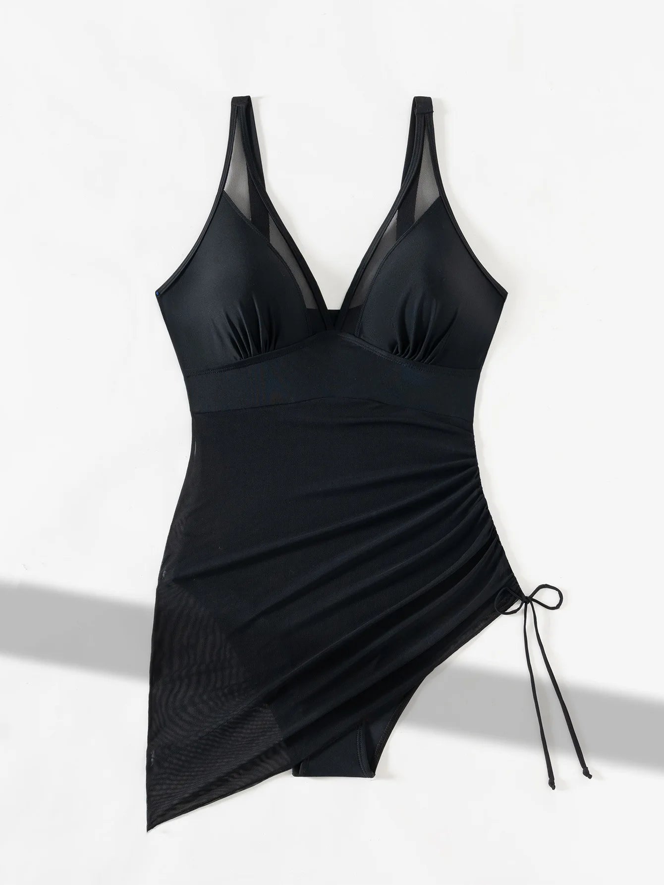Women’s Mesh Drawstring Swimsuit – Solid Color Stylish Bathing Suit