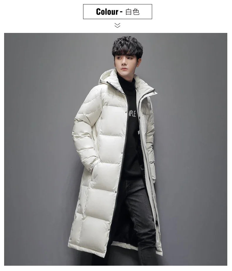 Winter Long White Down Jackets Men Women Hooded Thick Warm Over-the-Knee Puffer Jacket Man Overcoats Couple Padded Down Coat