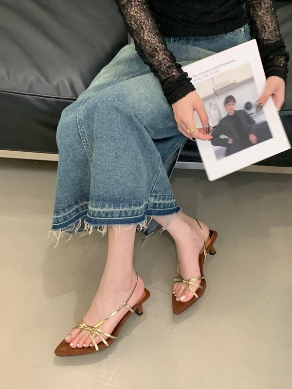 Women’s Summer Heeled Sandals – 2025 Fashion Pointed-Toe Open Design with Spaghetti Straps | Party & Dress Shoes