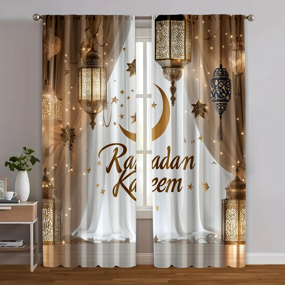 2-Piece Ramadan Moon Curtain Panels – Woven Polyester Window Curtains for Home & Office (Rod Not Included)