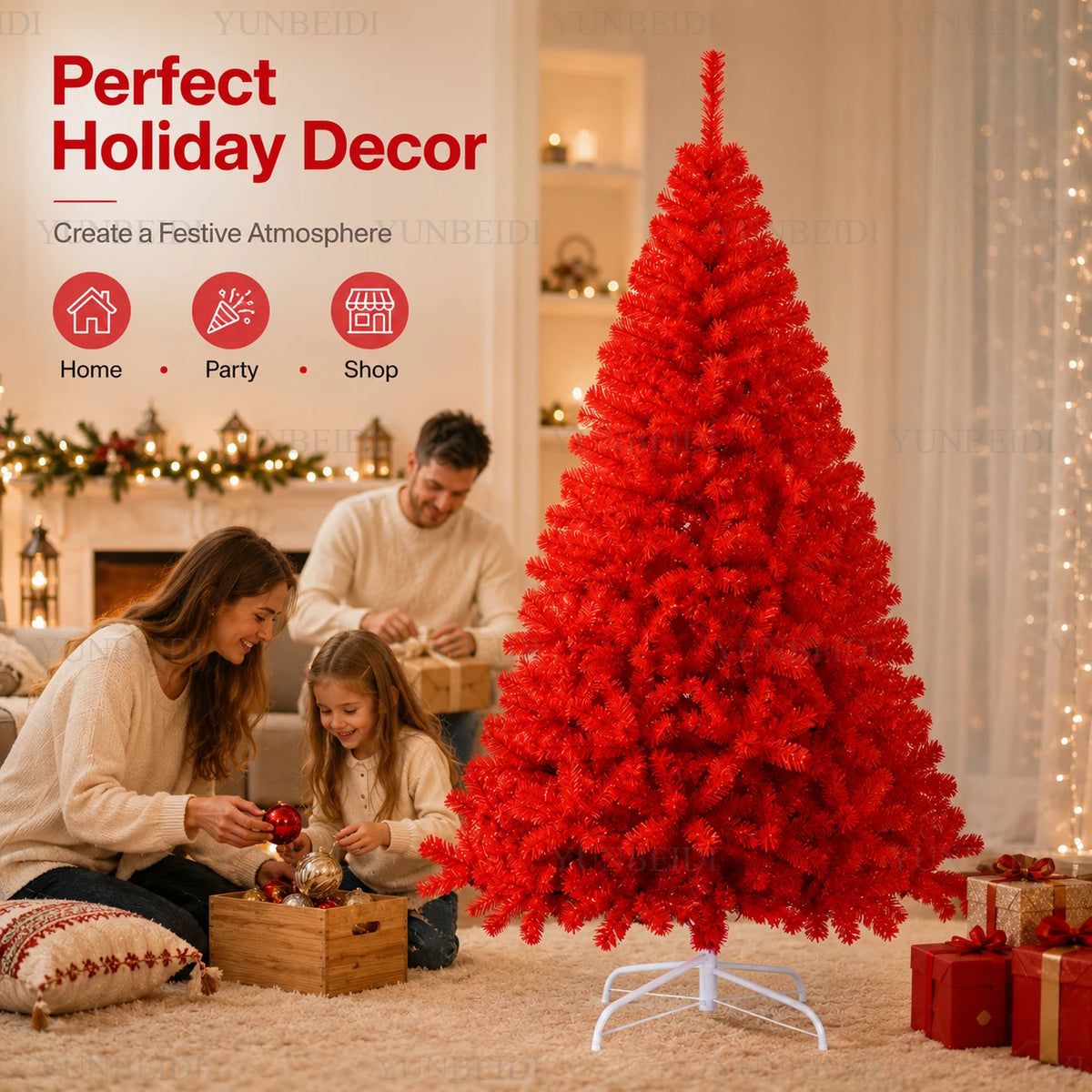 Red Artificial Christmas Tree, 120–240 cm PVC Holiday Tree with Optional Warm White USB LED Lights for Indoor Decorating