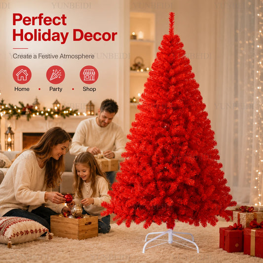 Red Artificial Christmas Tree, 120–240 cm PVC Holiday Tree with Optional Warm White USB LED Lights for Indoor Decorating