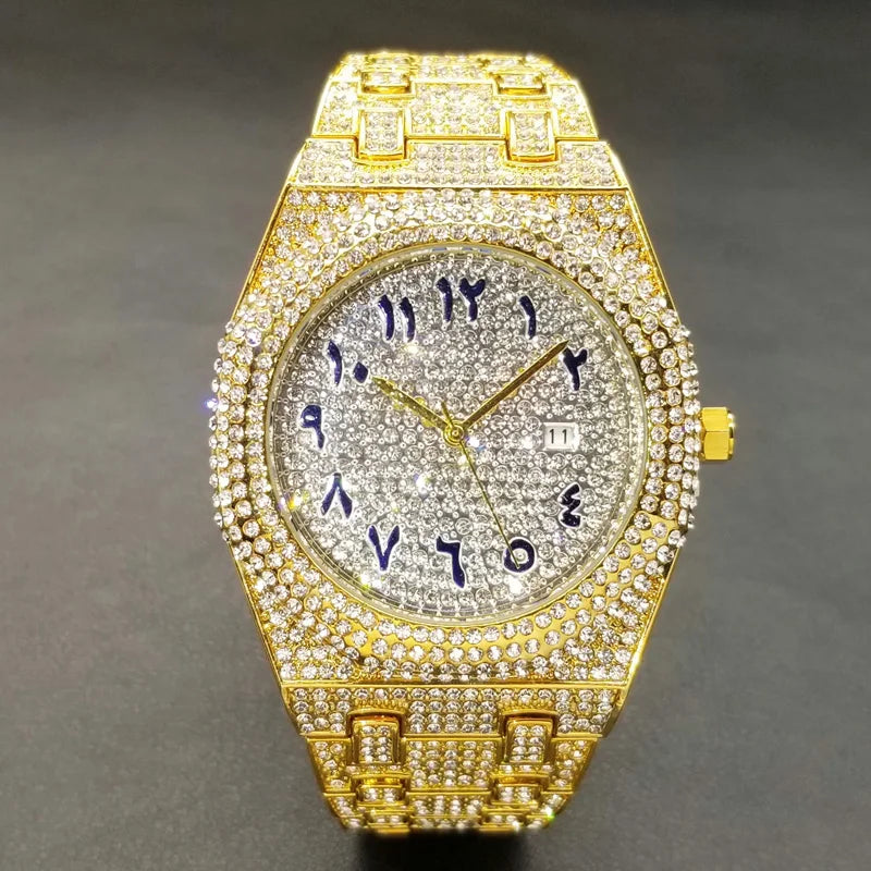 MISSFOX Luxury Diamond Iced Out Men's Quartz Watch, Arabic Numerals Waterproof