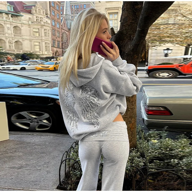 Women’s Sequined Wing Hooded Sweatshirt, Casual Long Sleeve Loose Fit Hoodie