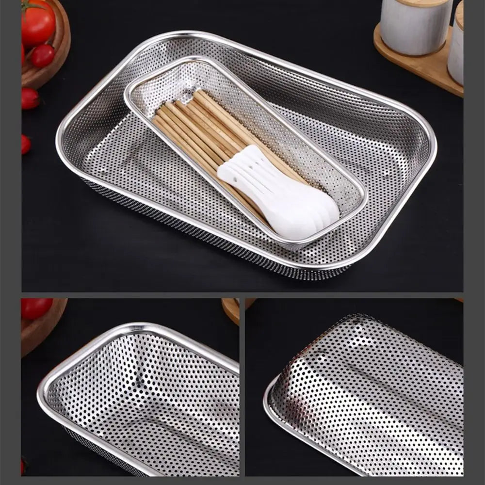 Stainless Steel Square Mesh Drain Basket Drain Basket 3 Size Vegetable Washing Basin Hollow Out Space-saving