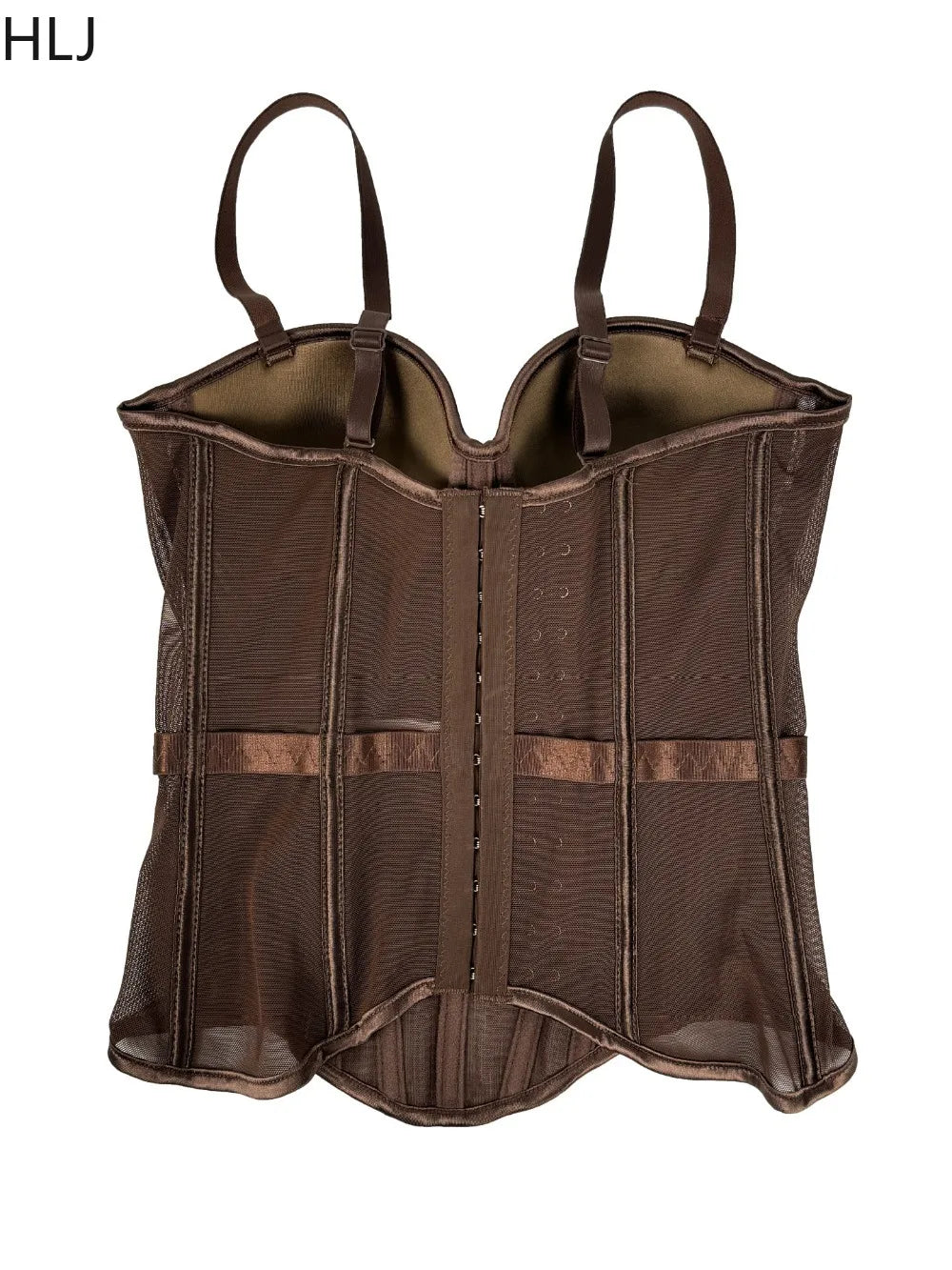 Y2K Retro Brown 2-Piece Mesh Bustier Top and Plaid Skirt Set
