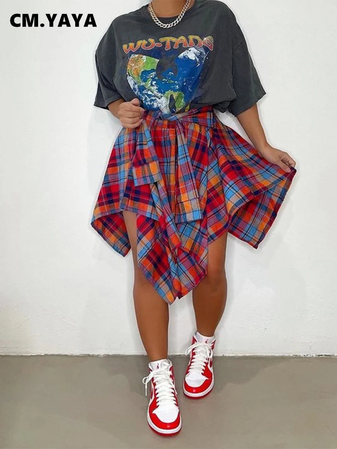 Women Plaid Irregular High Waist Knee-Length Skirt