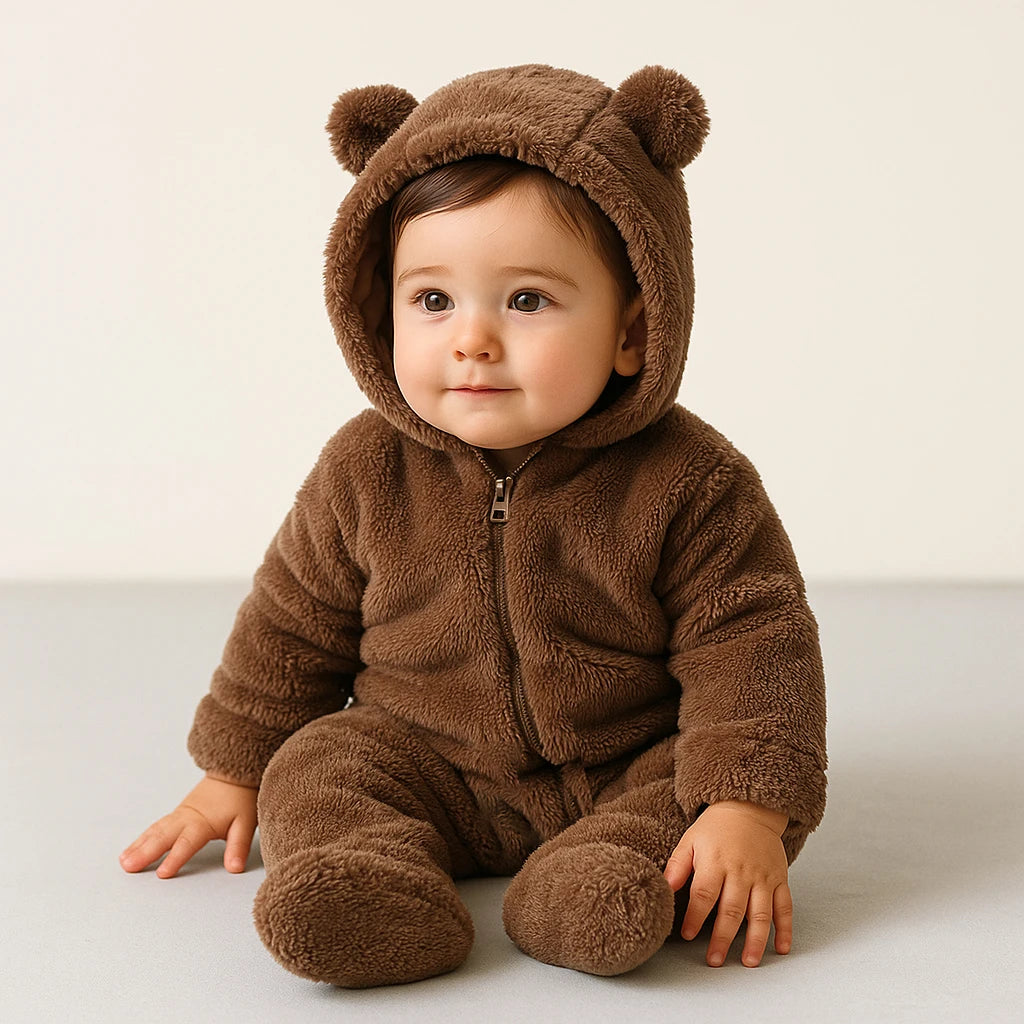 Baby Fleece Hooded Romper – Winter Zipper Bodysuit for Newborns & Infants (0–24 Months)