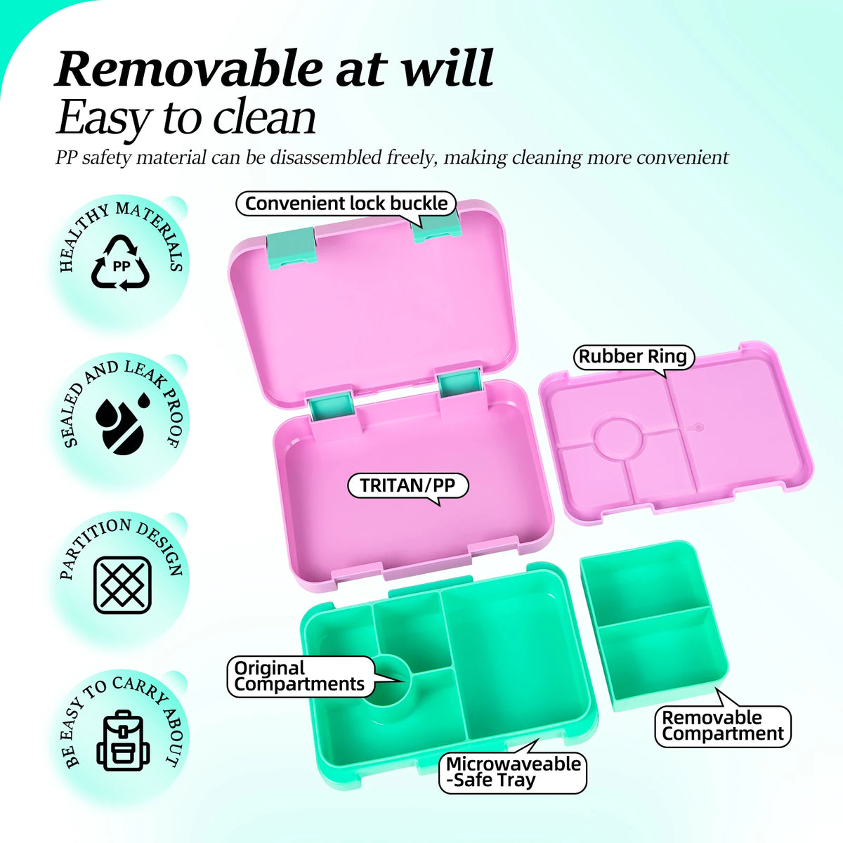 Cartoon Printed Microwavable Bento Lunch Box with 5 Compartments