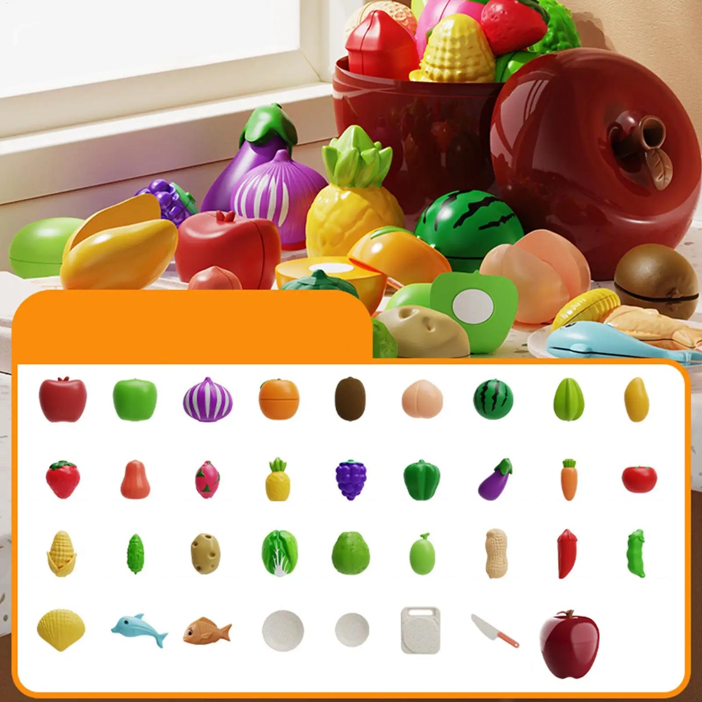 34-Piece Kids Kitchen Play Food Set – Cutting Fruits & Vegetables Toy, Educational Puzzle Playset for Boys & Girls, Gift Idea