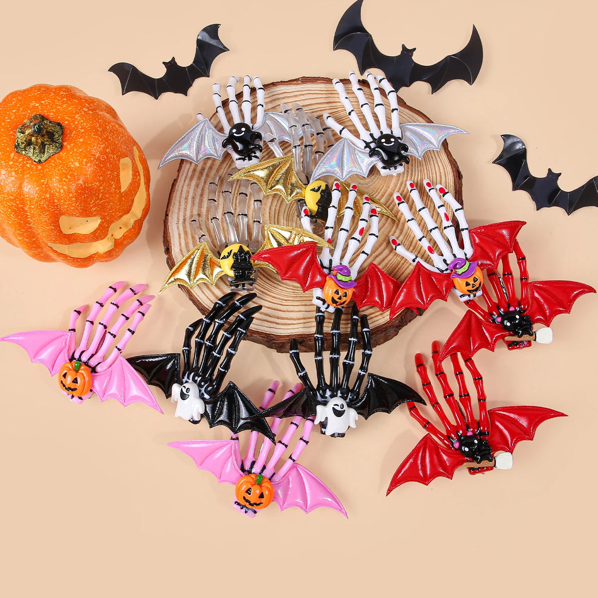 Halloween Skeleton Hand Hair Clips with Bat Wings, Pumpkin and Ghost Details for Gothic Hairstyles, Cosplay Costumes and Themed Parties