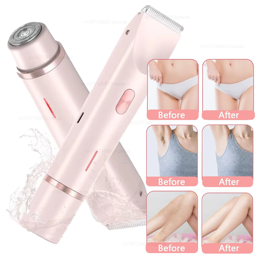 2-in-1 Electric Razor for Women – Waterproof Bikini Trimmer & Body Shaver | Wet & Dry Use | IPX7 Rated for Pubic Hair, Legs, Underarms & More