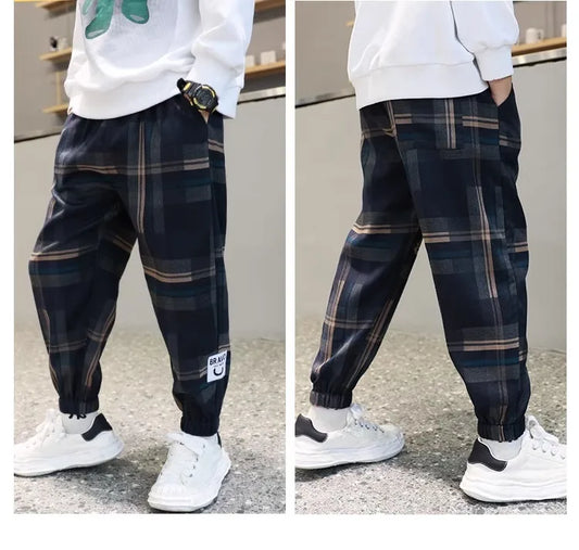 Boys' Cotton Plaid Pants – Casual Loose Fit Trousers for Kids & Teens (Spring/Autumn)