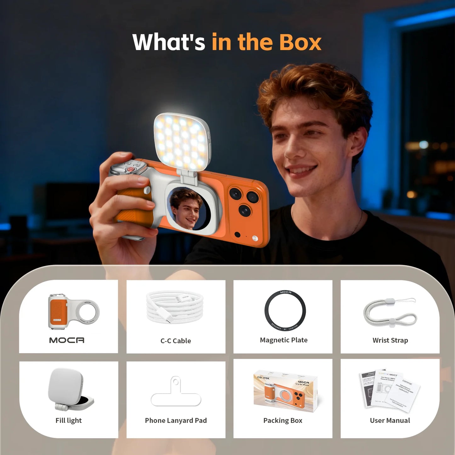 iPhone Camera Assistant with 1-Click Lens Flip Shutter Grip, Detachable Charging Remote, Optional Fill Light & Mirror for Smartphones