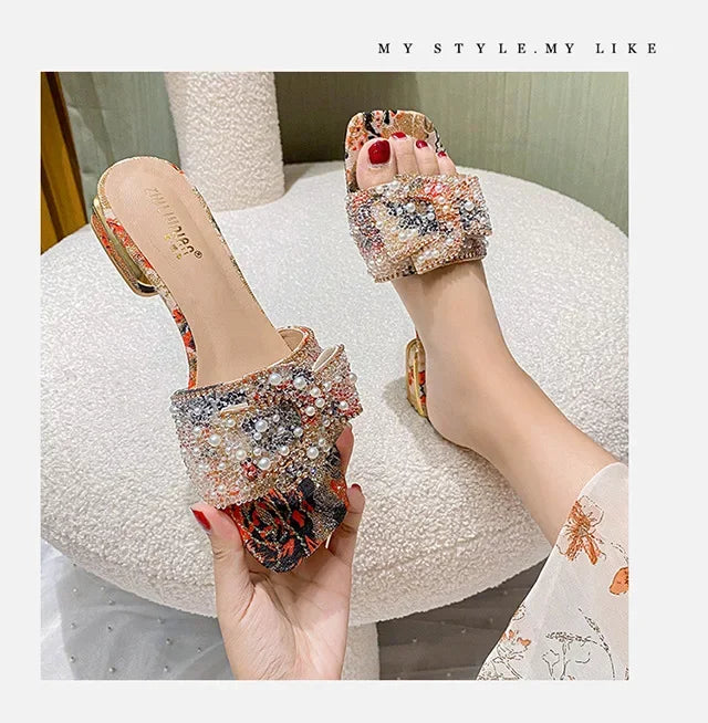 Women’s Slippers 2025 – Luxury Pearl Rhinestone Chunky Heel Sandals, Summer Butterfly-Knot Slip-On Shoes