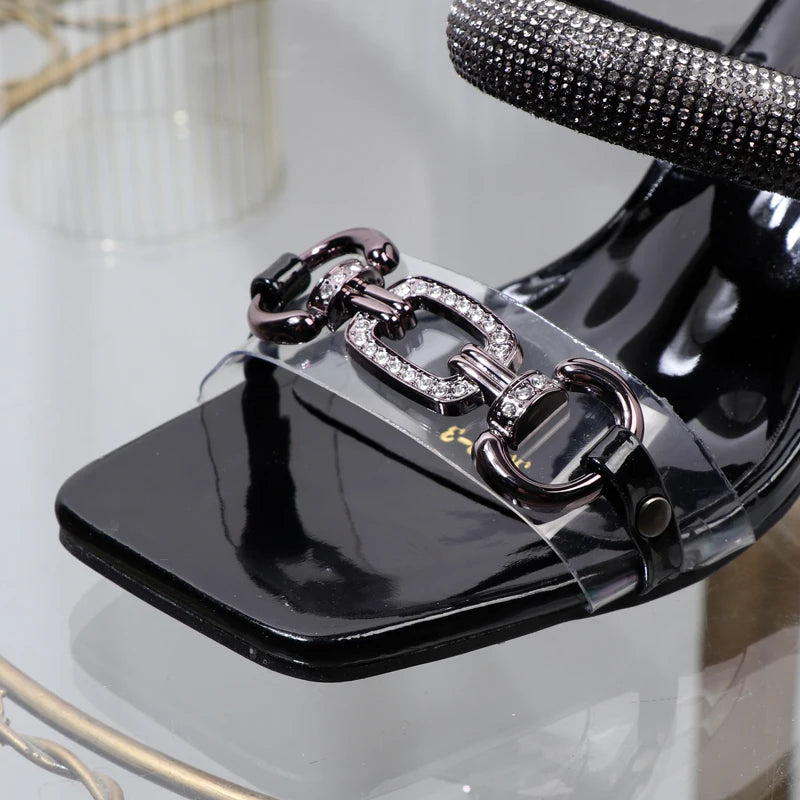 Women’s Transparent Strap Heeled Sandals – Chic Box-Style Square Alien Heel with Metal Accent | Summer Fashion Slippers