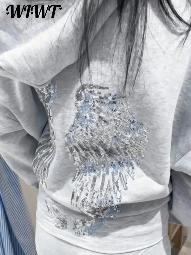 Women’s Sequined Wing Hooded Sweatshirt, Casual Long Sleeve Loose Fit Hoodie