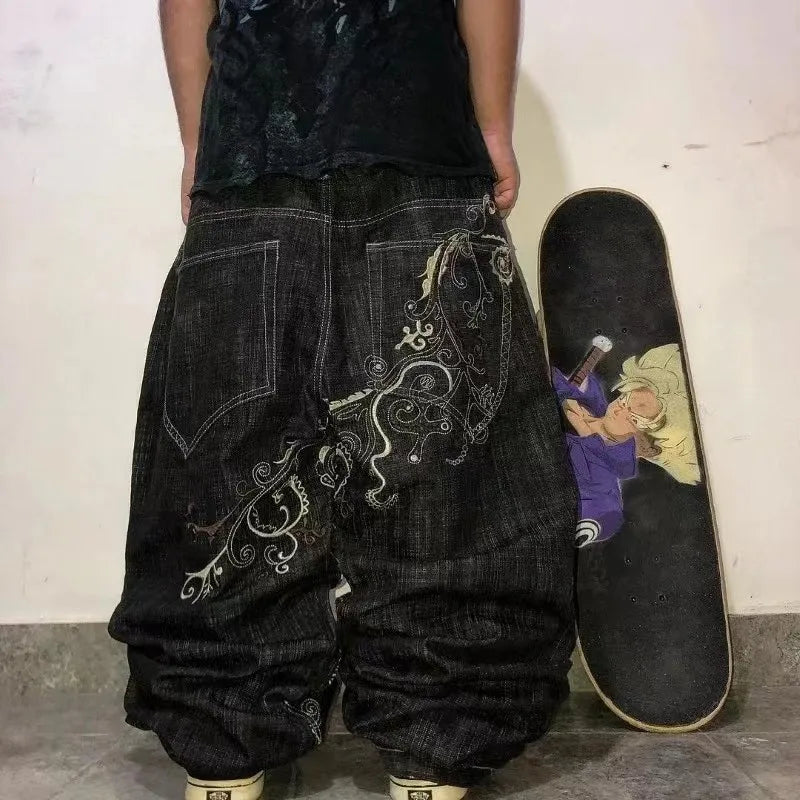 Embroidered Denim Jeans with Cherry Blossom, Dragon and Graphic Designs
