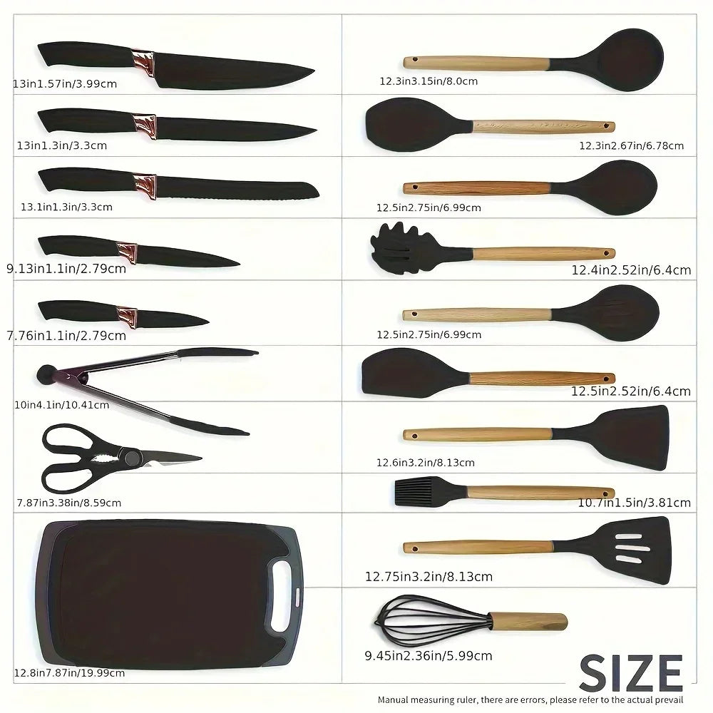 19-Piece Non-Stick Silicone Kitchen Utensil Set with Knives and Bamboo Storage – Heat-Resistant Tools Perfect for Cooking