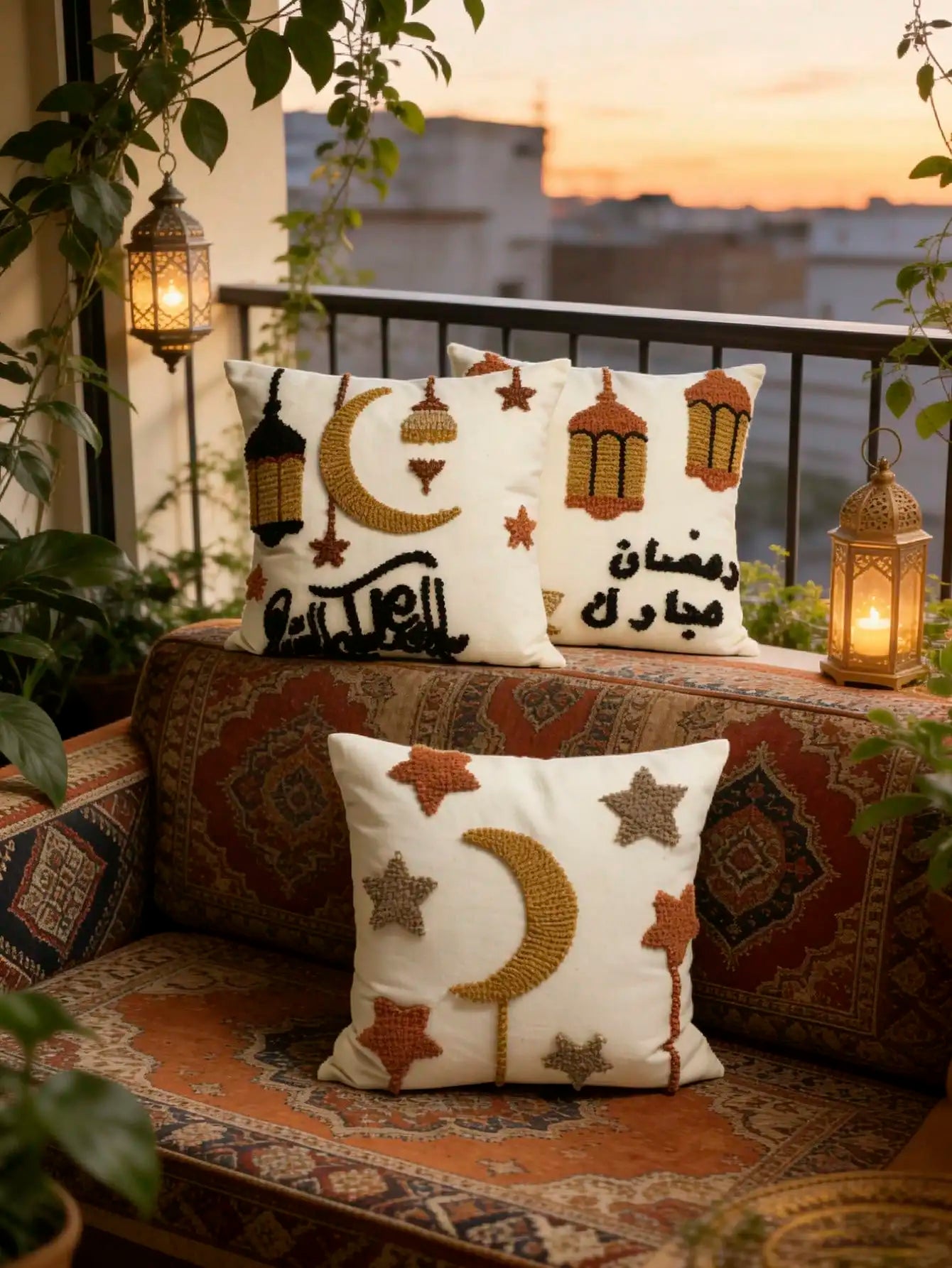 Islamic Moon & Star Pillowcase – Velvet Embroidered Cushion Cover for Ramadan, Eid, and Home Decor