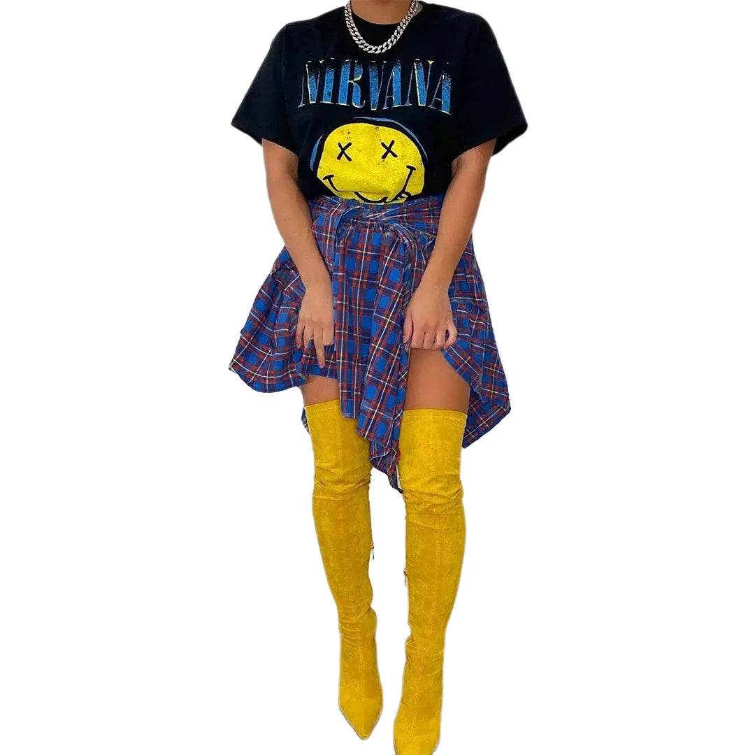 Women Plaid Irregular High Waist Knee-Length Skirt