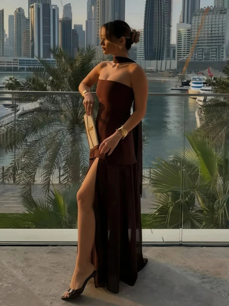 Elegant Pleated Long Dress for Women – Off-Shoulder, Scarf Neck, High Slit | Party & Evening Gown