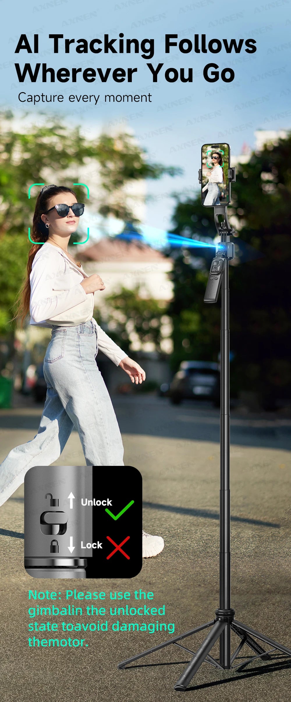 AI Face-Tracking Selfie Stick Tripod with Bluetooth Remote