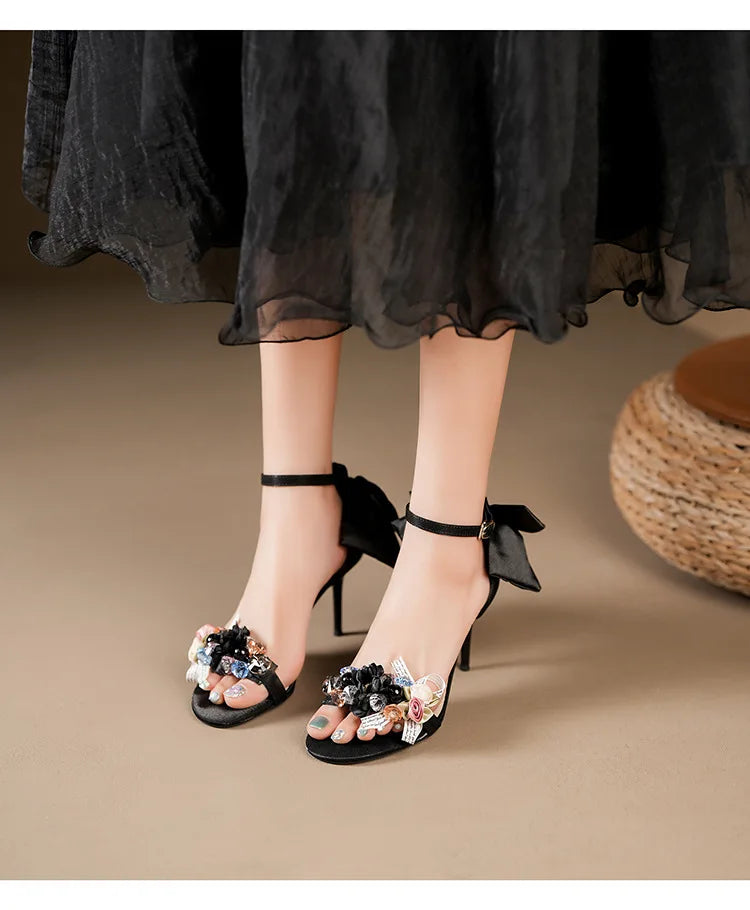 Women’s Open Toe High Heel Sandals – Satin Flower Bow, Buckle Strap, Elegant Dress & Wedding Shoes