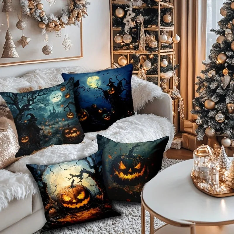 Spooky Halloween Pillowcases – Pumpkin & Enchanted Night Scene Cushion Covers for Holiday Decor and Gifting