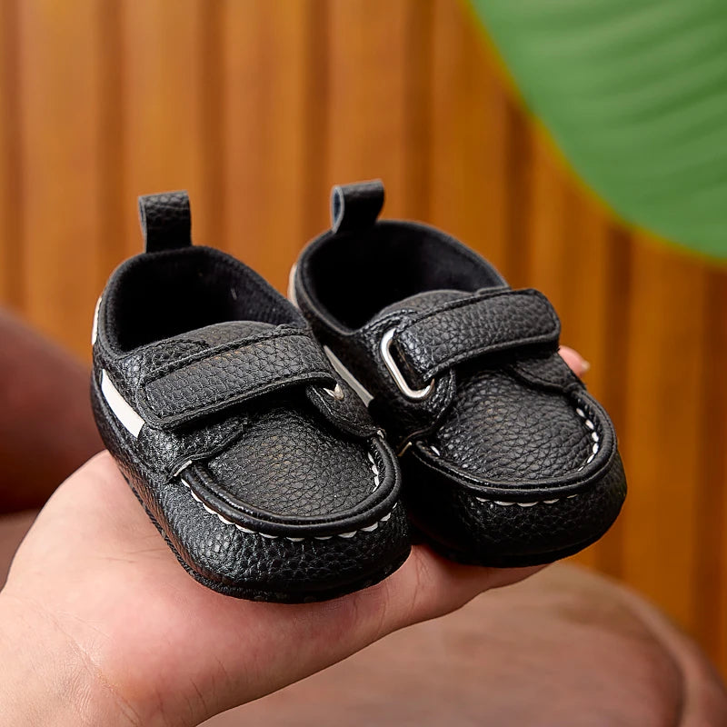 Baby Soft-Sole Loafer Shoes with Hook-and-Loop Straps, PU Leather Prewalker Moccasin Style