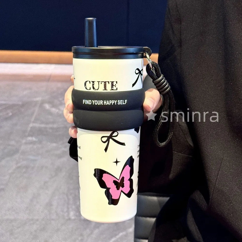 Cute Cat Bow Insulated Water Bottle with Straw – 710ml Stainless Steel Thermal Tumbler with Ceramic Lining, Travel Mug for Tea, Coffee & Cold Drinks