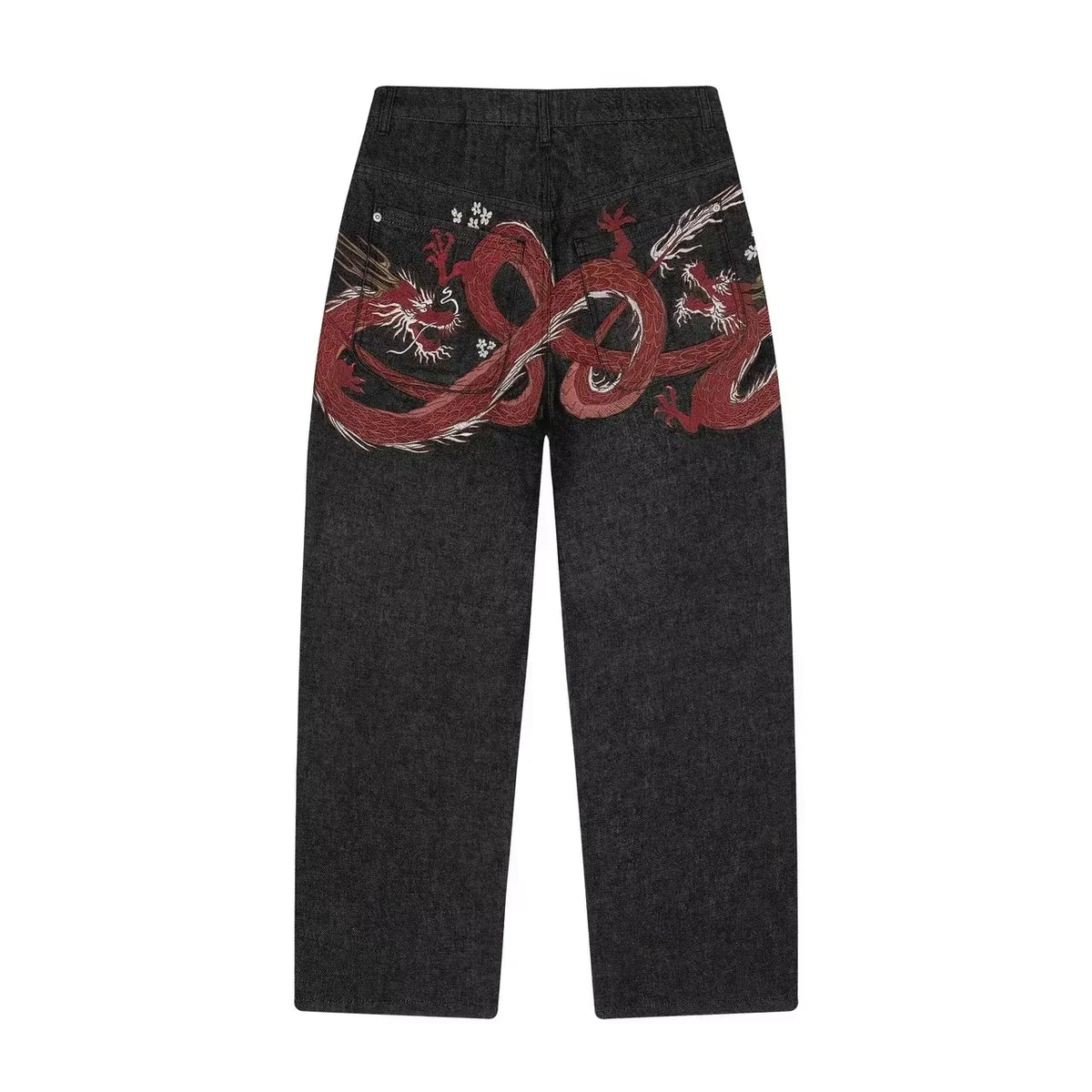 Embroidered Denim Jeans with Cherry Blossom, Dragon and Graphic Designs