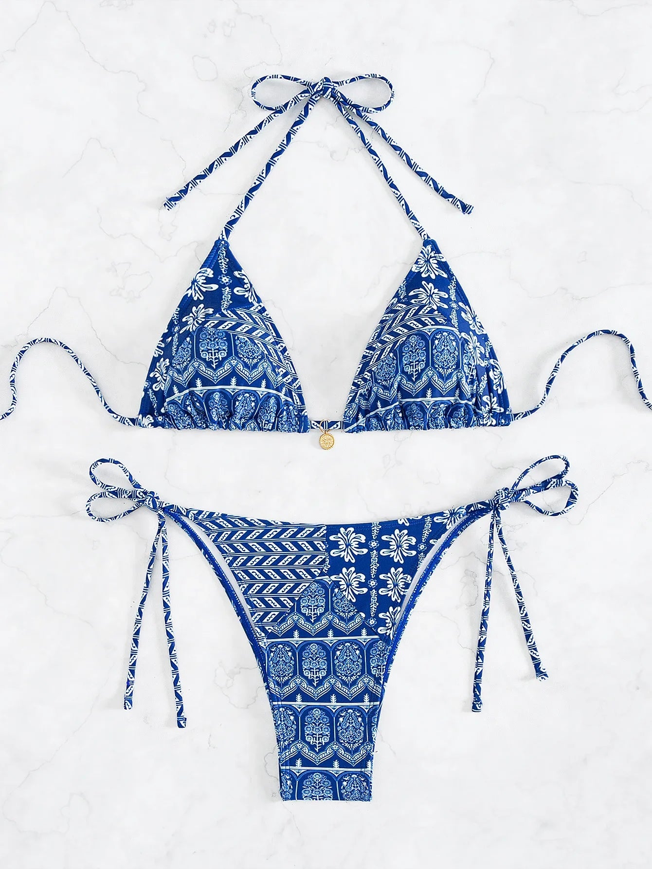 Women’s Blue Floral Print 2-Piece Bikini Set – Push-Up Bra and Thong Swimsuit for Beach and Swimwear