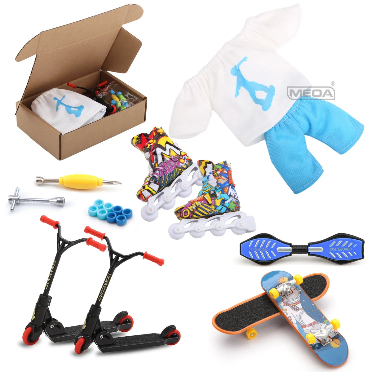 MEOA Mini Finger Skateboard and Scooter Set with Roller Skates, Drift Board, Replacement Wheels, Tools and Finger Clothing