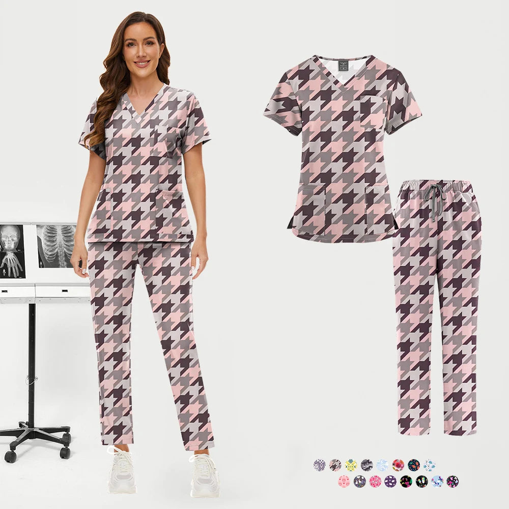 Women's Trendy Print Medical Scrub Set – Stretchy, Soft Hospital Uniform with Top and Pants – Ideal for Nurses, Doctors, and Veterinary Clinics