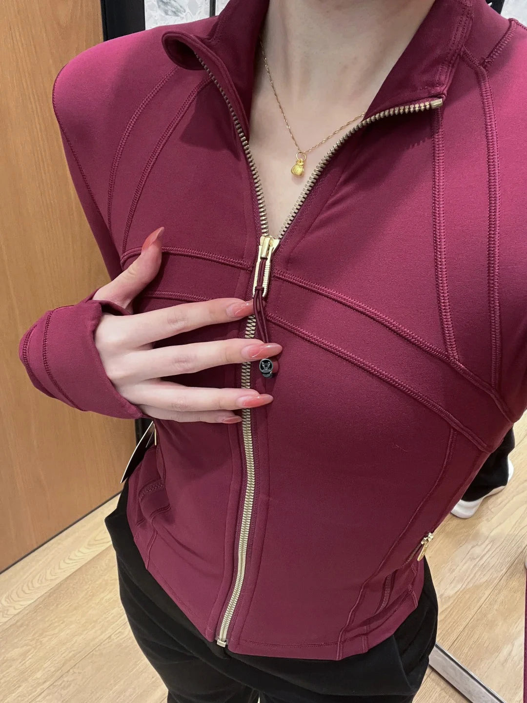 Women's Slim Fit Yoga & Workout Jacket with Gold Zipper – Long Sleeve Athletic Sports Jacket