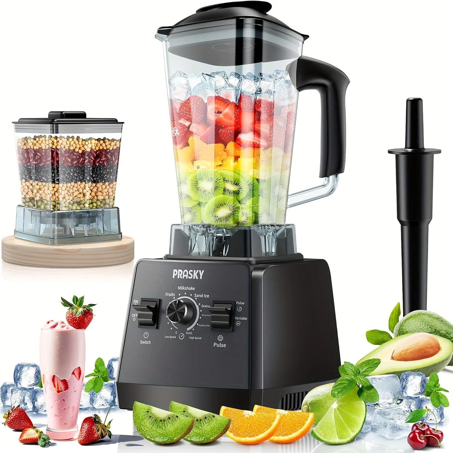 PRASKY 2400W Professional Blender & Grinder Combo – 25,000 RPM High-Speed Kitchen Blender, 68oz BPA-Free Pitcher, 2 Containers, Ice Crusher for Smoothies, Shakes & Frozen Drinks
