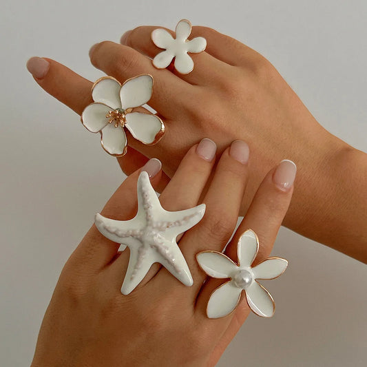 DIEZI 6 Style Bohemian White Flower Starfish Rings For Women Fashion Beach style Gold Silver Color Geometric Knuckle Joint Ring