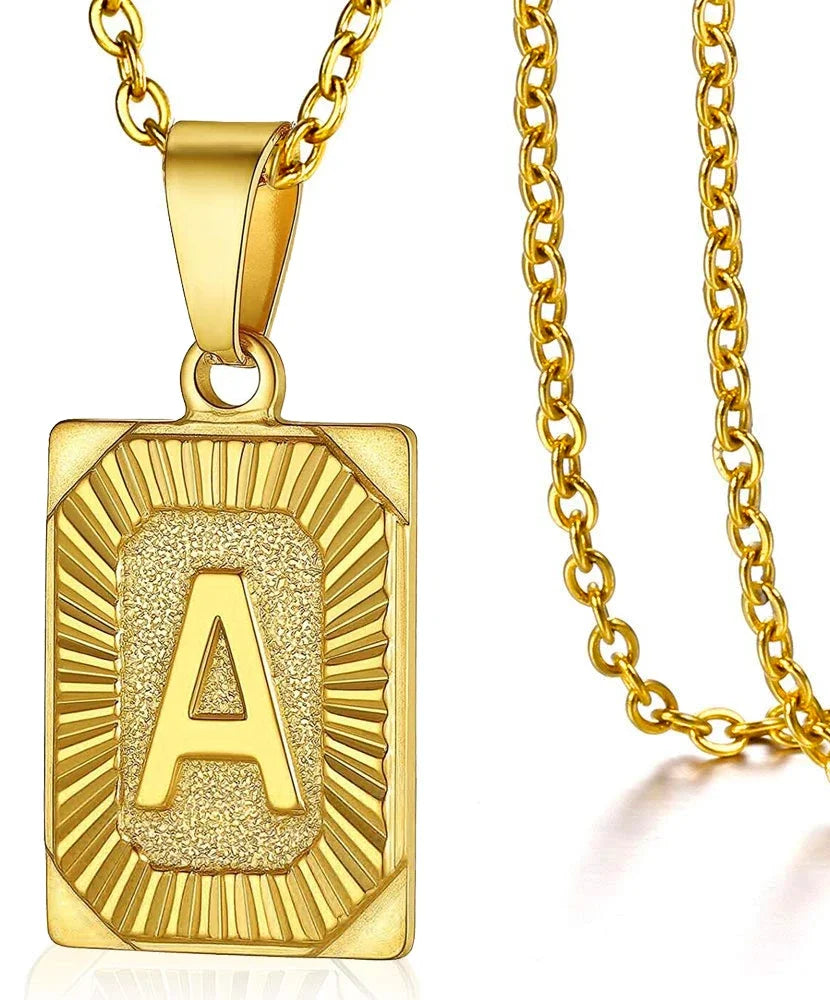 Initial Letter Pendant Necklace – Stainless Steel Cuban Link Chain, Square Charm Alphabet Necklace for Men & Women, Couple Gift Jewelry