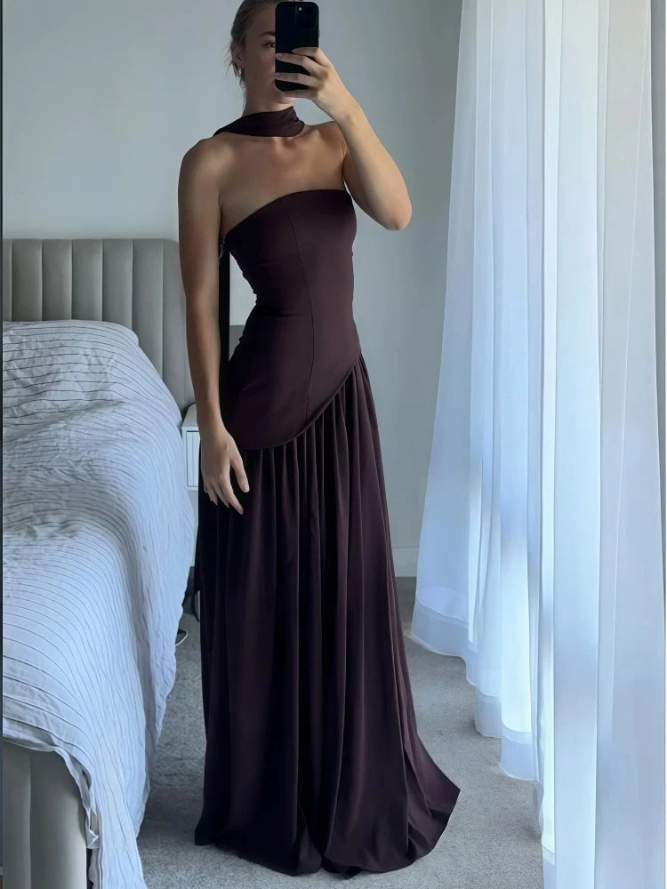 Elegant Pleated Long Dress for Women – Off-Shoulder, Scarf Neck, High Slit | Party & Evening Gown
