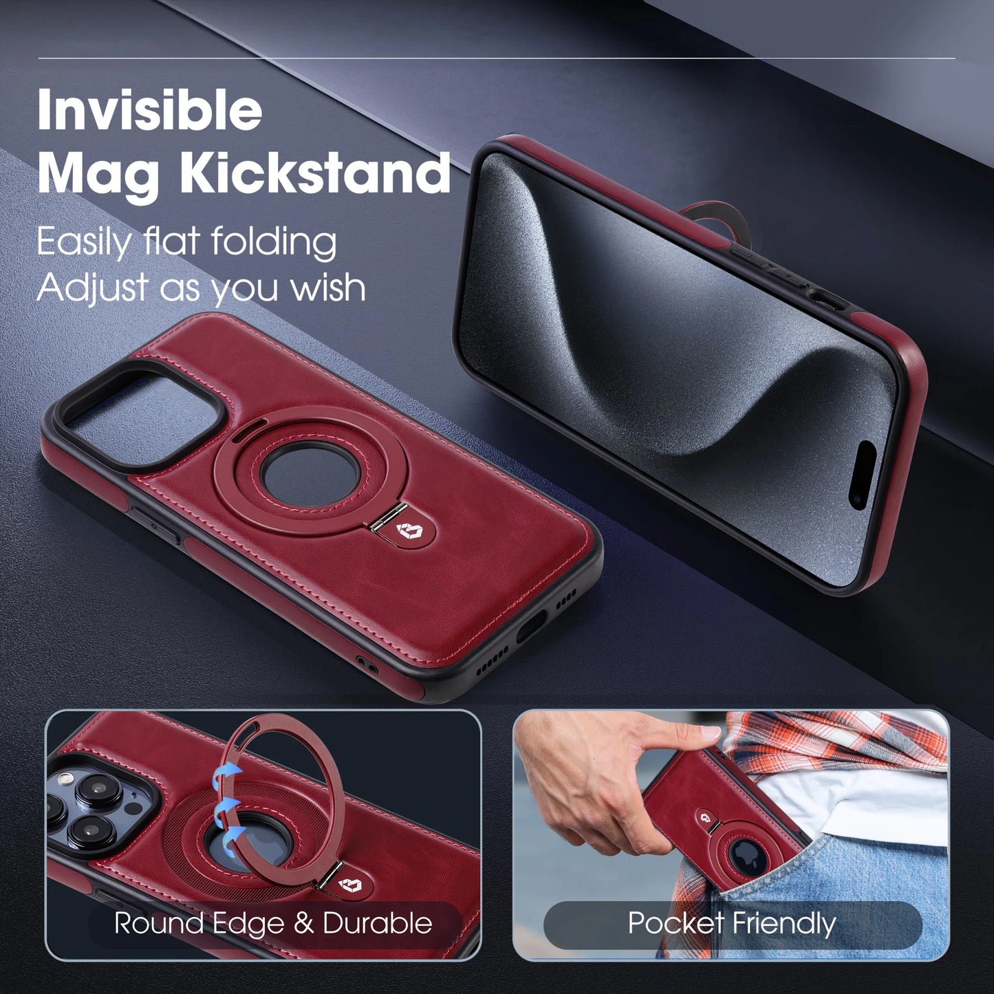 Leather Magnetic Ring Stand Phone Case for iPhone 12–16 Series – MagSafe Compatible, Shockproof, Supports Wireless Charging